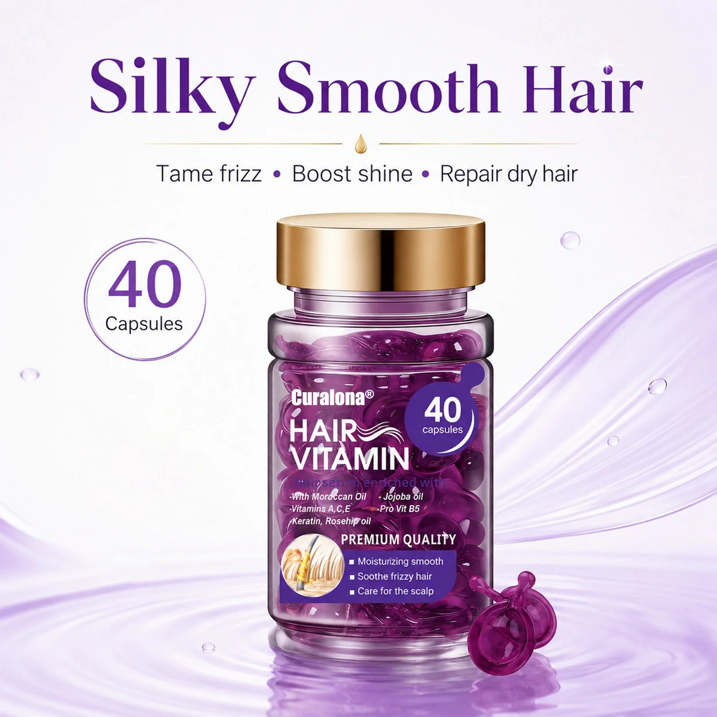 Curalona® Hair Vitamin Capsules Infused with Violet Vitamins & Argan Oil for Color-Treated & Permed Hair Smooths Frizz Restores Silkiness & Shine 40 Capsules