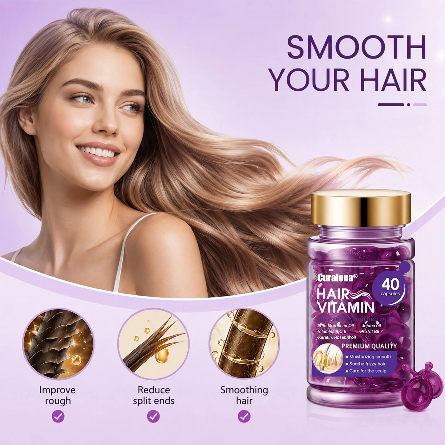 Curalona® Hair Vitamin Capsules Infused with Violet Vitamins & Argan Oil for Color-Treated & Permed Hair Smooths Frizz Restores Silkiness & Shine 40 Capsules
