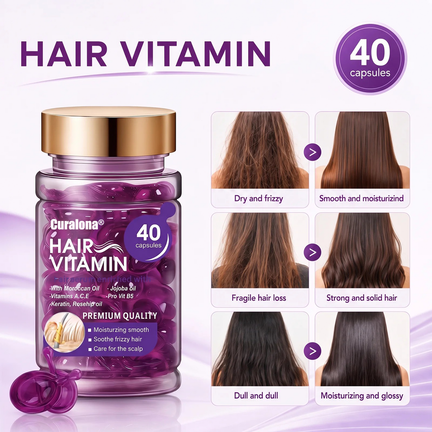 Curalona® Hair Vitamin Capsules Infused with Violet Vitamins & Argan Oil for Color-Treated & Permed Hair Smooths Frizz Restores Silkiness & Shine 40 Capsules