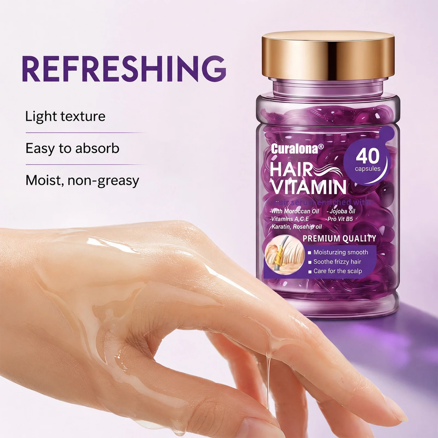 Curalona® Hair Vitamin Capsules Infused with Violet Vitamins & Argan Oil for Color-Treated & Permed Hair Smooths Frizz Restores Silkiness & Shine 40 Capsules