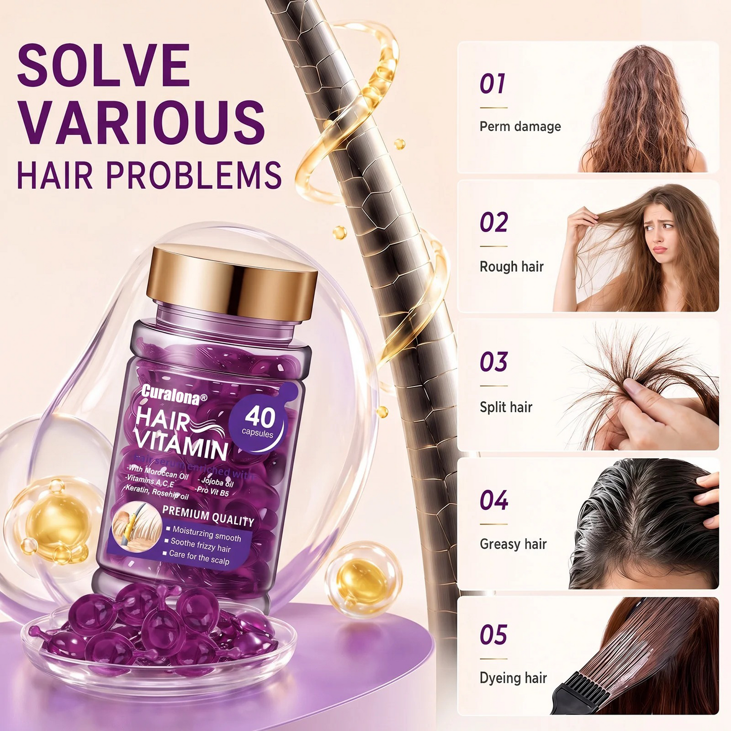 Curalona® Hair Vitamin Capsules Infused with Violet Vitamins & Argan Oil for Color-Treated & Permed Hair Smooths Frizz Restores Silkiness & Shine 40 Capsules