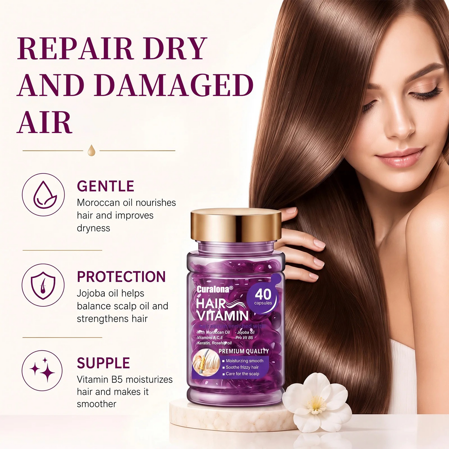 Curalona® Hair Vitamin Capsules Infused with Violet Vitamins & Argan Oil for Color-Treated & Permed Hair Smooths Frizz Restores Silkiness & Shine 40 Capsules