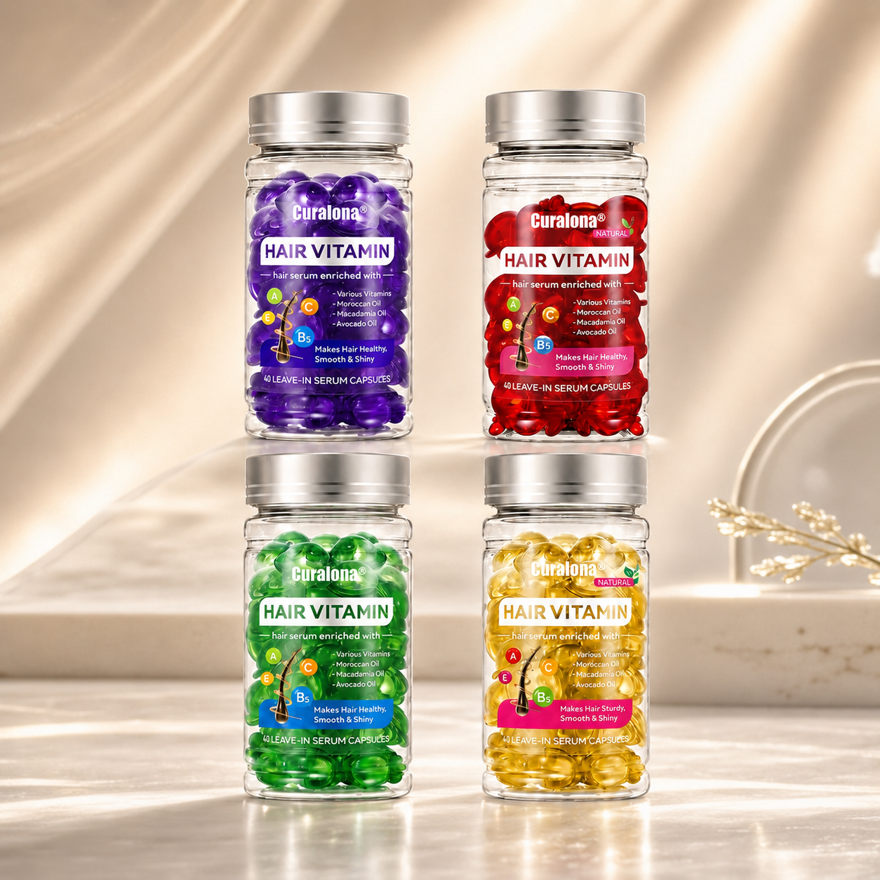 Curalona® Hair Vitamin Capsules Infused with Violet Vitamins & Argan Oil for Color-Treated & Permed Hair Smooths Frizz Restores Silkiness & Shine 40 Capsules