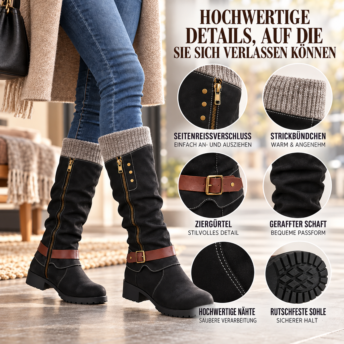 🔥 LETZTER TAG – 80 % RABATT - Damen Winterstiefel mit orthopädischer Unterstützung, Strickkragen & warmer Wollfütterung