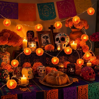 🔥Last Day 50% OFF -🏵️💀 Mexican Marigold Flower String Lights | 💕Death is not the end of life, forgetting is