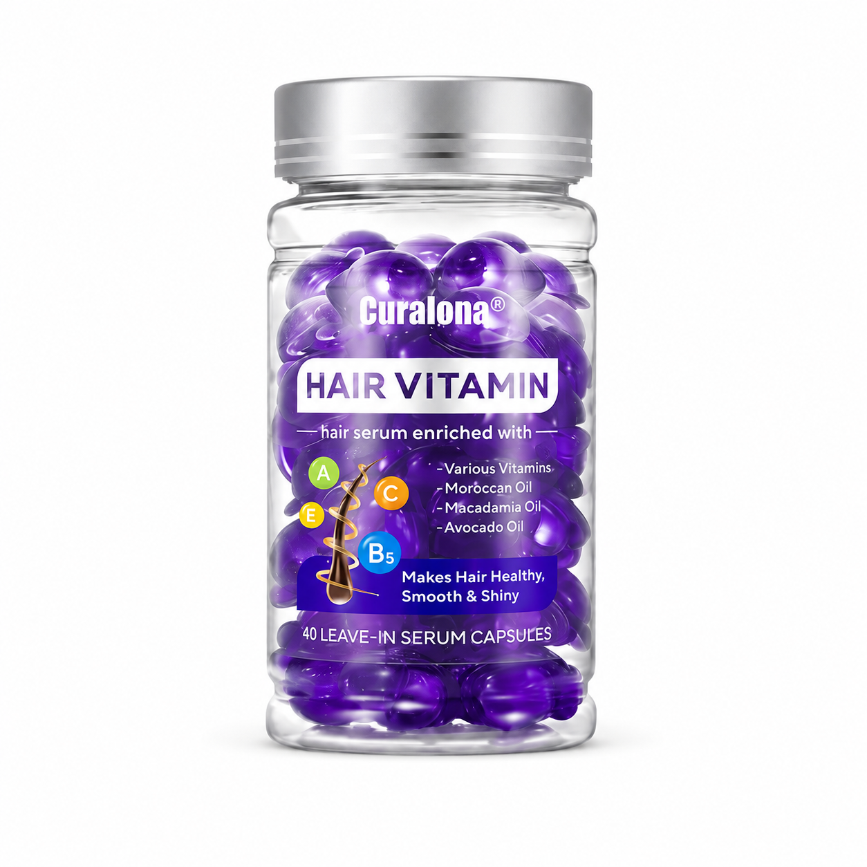 Curalona® Hair Vitamin Capsules Infused with Violet Vitamins & Argan Oil for Color-Treated & Permed Hair Smooths Frizz Restores Silkiness & Shine 40 Capsules