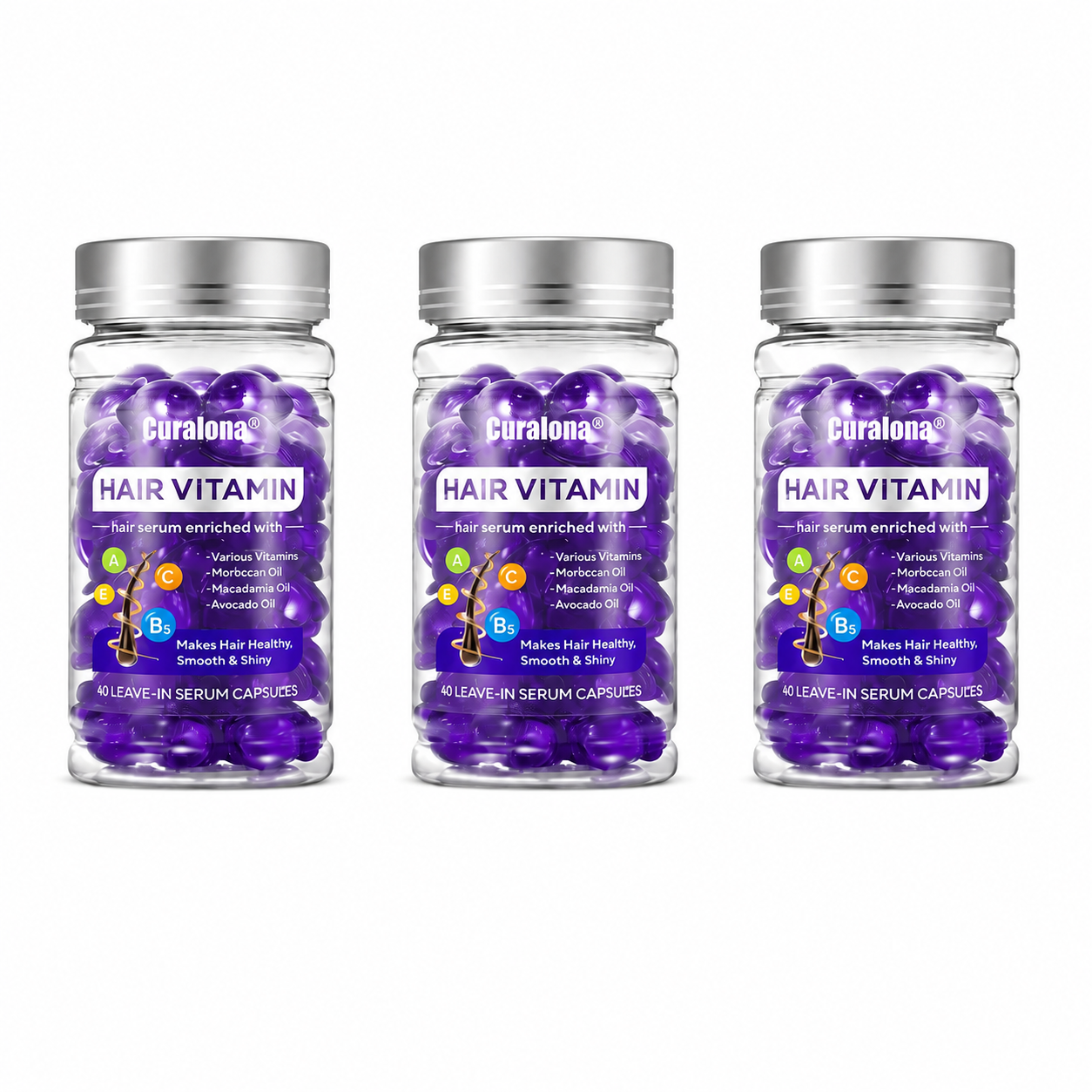 Curalona® Hair Vitamin Capsules Infused with Violet Vitamins & Argan Oil for Color-Treated & Permed Hair Smooths Frizz Restores Silkiness & Shine 40 Capsules